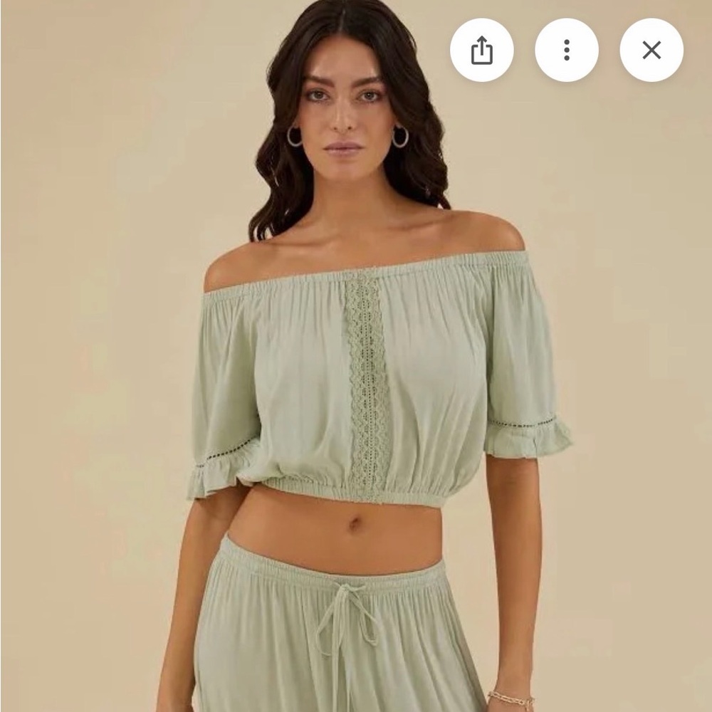 Rachel Parcell Sage Green Off-Shoulder Cropped Top